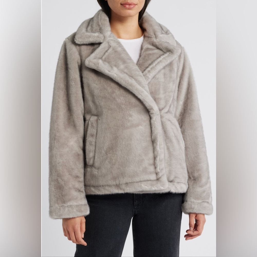 New! Sam Edelman Notched Lapel Women's Gray Faux Fur Coat Size XL - Picture 7 of 15